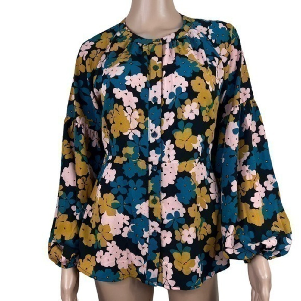 Cabi Favorite Floral Blouse Long Sleeve Xs Extra Small Top Black Blue Yellow